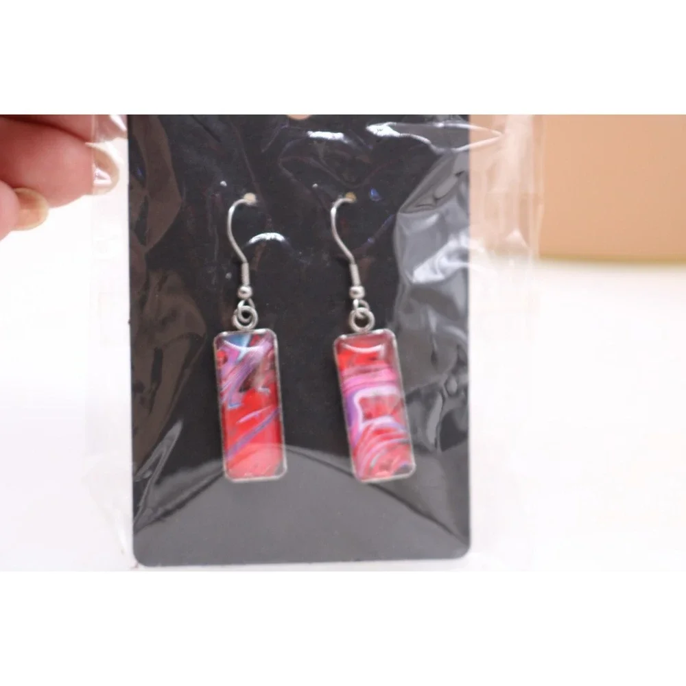 Handmade Earrings-Stainless Steel-Glass-Paint Drip-Paint Pour-Fluid Art